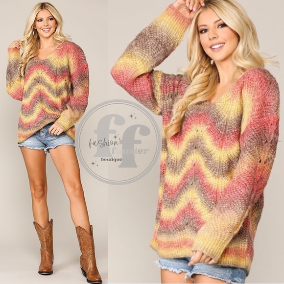 Gigio Autumn Sunset Fall Foliage Wavy Ombre Stripe Open Knit Pastel Sweater - Picture 3 of 6